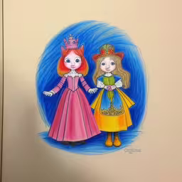there are two little girls dressed up as princesses,a drawing of two little girls dressed in colorful clothing