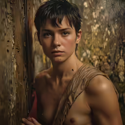 a shirtless boy standing next to a wood door