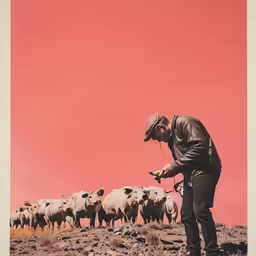 a person holding something with two hands and sheep in background