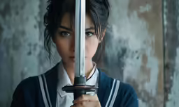 a woman with blue eyes holds a sword