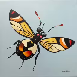the painting has black and orange butterfly shapes,a butterfly is on a light blue background