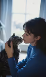 the young woman is kissing the gray cat