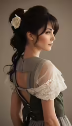 the woman is wearing her hair in a bun