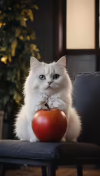 the cat is sitting on the chair next to the apple
