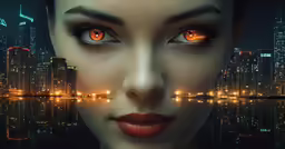 a woman is looking at the camera with yellow eyes