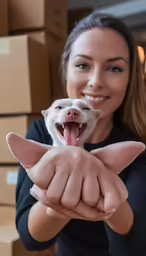 a beautiful woman holding up a small chihuahua dog