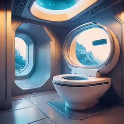 a bathroom area with a toilet and two round windows