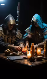 two guys in medieval dress sitting down and one is reading the bible