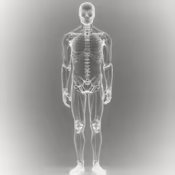 the human skeleton on display in front of a gray background