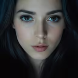 a woman wearing a black jacket with blue eyes