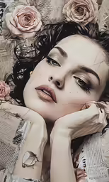 a young woman laying on the pages of a magazine, with flowers around her
