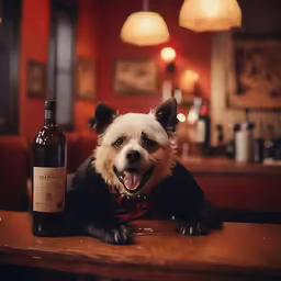 a small dog is standing by a bottle of wine
