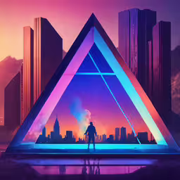 an image of a futuristic city with a triangle shape,a man with a purple triangle standing on a stage with city skyline in the background