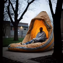 a man relaxing in a tent shaped like a rock