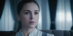 a woman looking straight into the camera with a serious look