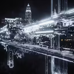 a nighttime scene shows a street and buildings