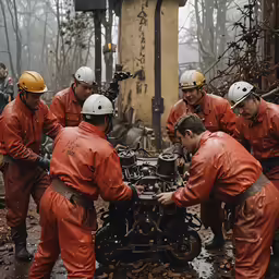 the men in orange work together at the same time