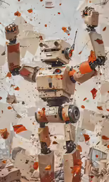 the large robot has been made from cardboard and is waving his arms