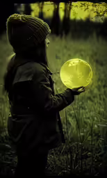 a person holding a frisbee in the middle of a forest