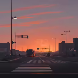 sunset with a bus going down the street