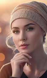a woman with dark makeup and a headband, standing next to an up close portrait