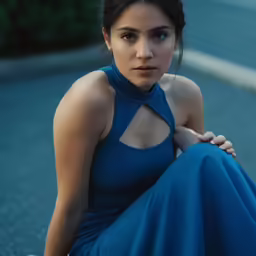a woman in a blue dress sitting down