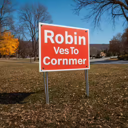 a red sign sitting in the middle of a grass covered park