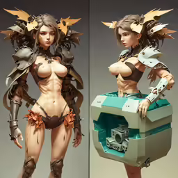 a woman dressed in armor with a big breast