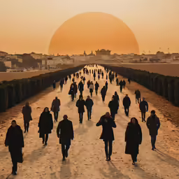 a large group of people walk on a path