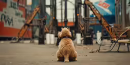 a dog is looking at a giant orange excavator