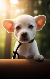 small white dog with black leash leaning on table