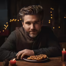 a man looking into the camera as he eats a cookies