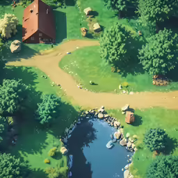 an overhead view of a house and pond with a gravel pathway