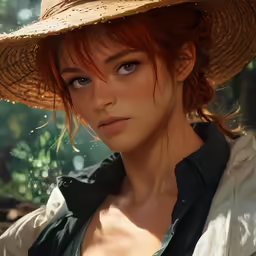 the woman is wearing a large hat