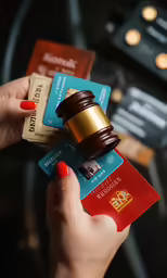a woman is holding up a piece of credit card and a judges gaven
