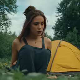 a girl sits in front of a tent as she reads her cell phone