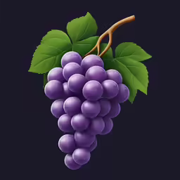 a purple grape hanging from a stem with a green leaf