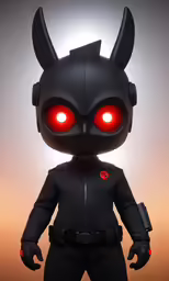 a toy is shown with red eyes and a black outfit