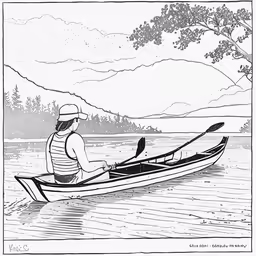 black and white illustration of a woman paddling a canoe on the water