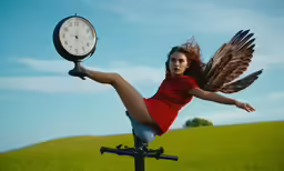 a lady on a pole is holding an owl and a clock