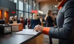man writing on notebook while people watch from large room