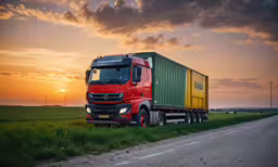 a large truck driving down the road,a semi truck parked on a dirt road