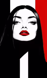 a woman with long black hair, lipstick and a red background