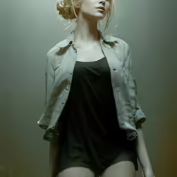 woman in black dress and leather jacket on dark background