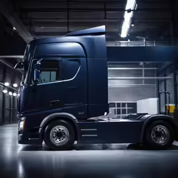 a truck in a garage with its lights on