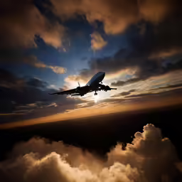 an airplane flying through a sunset with clouds and sunlight rays