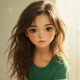 a small toy girl with big eyes wearing a green shirt