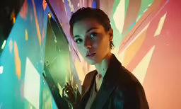 a woman in black jacket standing next to multicolored wall