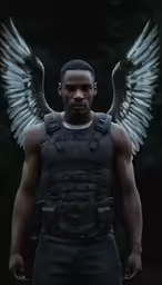 an african american with wings standing in the dark
