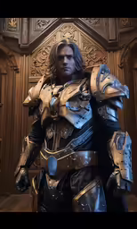 a man in armor in a wood room